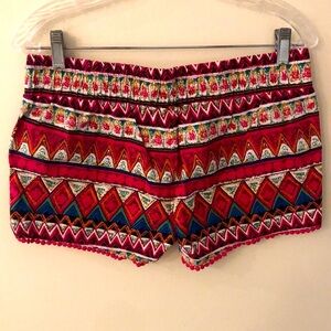 Tinseltown Multicolor Geometric shorts decorative Pom Pom trim linen cotton Med